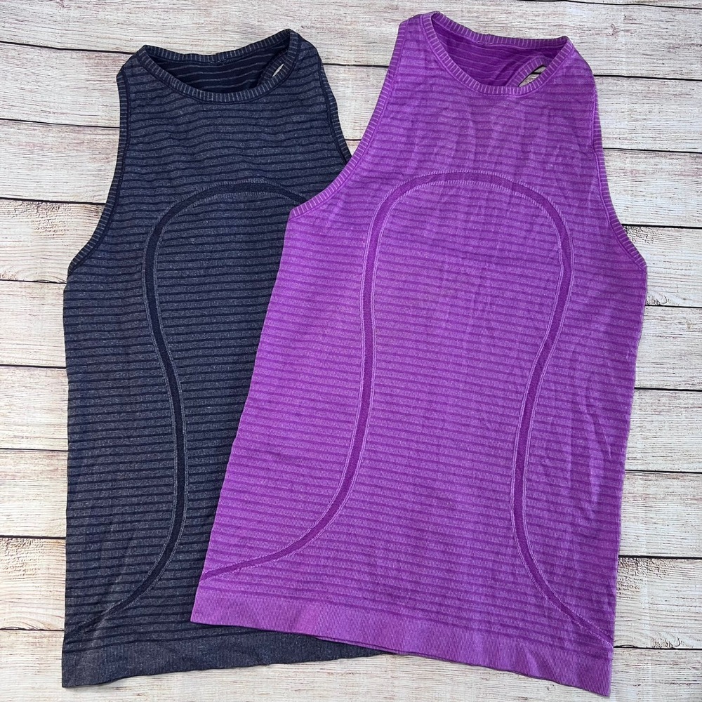 Bundle Lululemon Swiftly Tech‎ High-Neck Tank Top 2.0 Purple & Gray Striped Sz 6